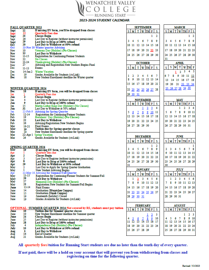 Calendars Wenatchee Valley College